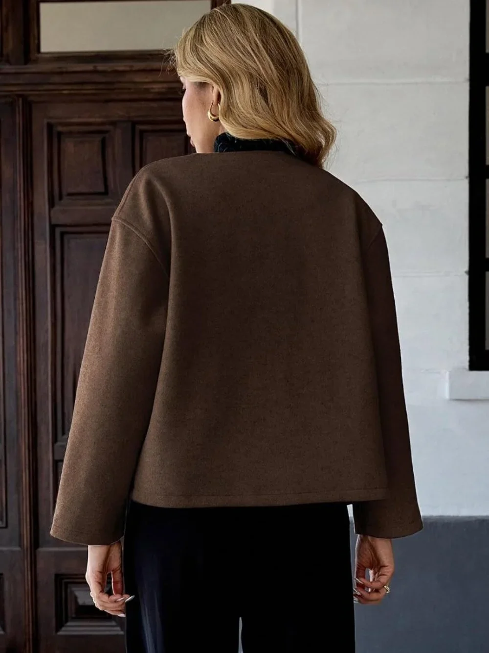Women's Brown Wool Blend Cropped Collarless Long Sleeve Short Fall Pea Overcoat